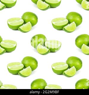 Green limes and lime slices repeat seamless pattern on white background. Stock Photo