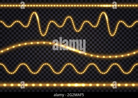 Realistic gold led lines with neon glow light effect. Illuminated strips and waves, set of isolated tapes on transparent background. Vector illustrati Stock Vector