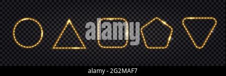Neon glowing frame with LED light effect. Gold shiny borders with flare. Set of isolated frames with various shapes. Vector illustration Stock Vector