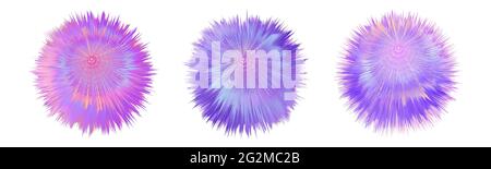 Fur colorful pompoms. Fluffy  ball  with furry texture. Rainbow holographic colors, pink and purple. Set off isolated objects on white background. Vec Stock Vector