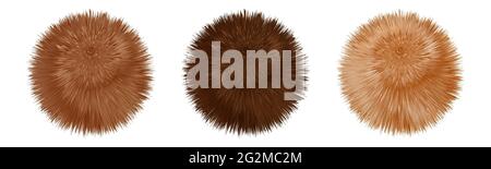 Fur pompoms. Brown and beige fluffy furry balls, set of realistic 3d objects isolated on white background.   Shaggy downy texture. Vector illustration Stock Vector
