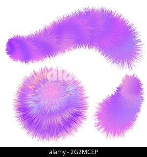 Fur colorful pompoms. Fluffy  ball  with furry texture. Rainbow holographic colors, pink and purple. Set off isolated objects on white background. Vec Stock Vector