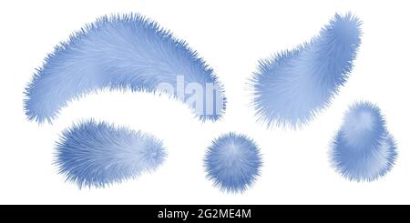 Fur blue pompom and brush set. Fluffy furry texture, set of various shapes isolated on white background. Vector illustration Stock Vector