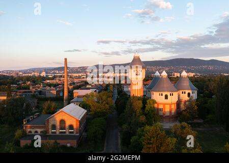 Renovated towers in an abandoned aera. This is not unsued old factory palce in Obuda district of budapest city. famous old toweers of gas factory whic Stock Photo