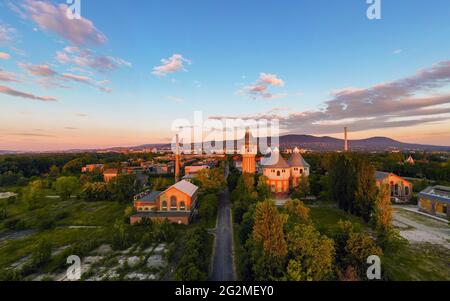 Renovated towers in an abandoned aera. This is not unsued old factory palce in Obuda district of budapest city. famous old toweers of gas factory whic Stock Photo