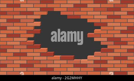 Broken brick wall with a hole. 3d isometric view, red brick stone wall destroyed, building ruins. Slat style, vector illustration Stock Vector