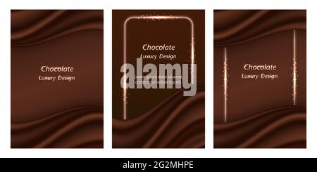 Chocolate background with silk wavy decor. Dark brown chocolate wave with realistic satin texture and glowing border lines. Luxury banner or poster de Stock Vector