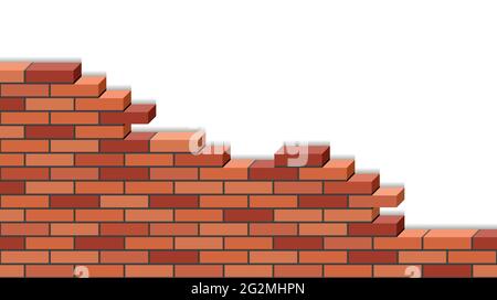 3d Brick wall broken isolated on white background. Red isometric bricks, stonewall  of destroyed building or fence. Flat design, background for cartoo Stock Vector