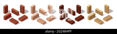 3d Isometric bricks, isolated bricks for wall masonry construction. Colorful solid blocks, set of icons. Vector illustration Stock Vector