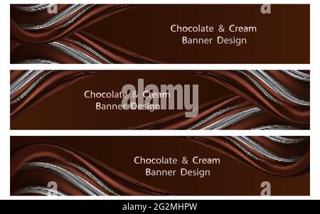 Banner design. Chocolate and cream wave on dark brown background. Smooth silk wavy curtain. Set of modern banners for web or business. Vector illustra Stock Vector