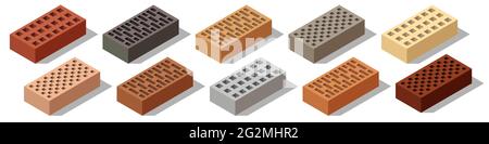 Isometric bricks isolated. Set of colorful 3d bricks for construction and building. Objects with shadows on white background Stock Vector