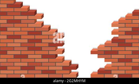 Broken Brick wakk, 3D isometric view. Destroyed red brick stone wall of building, isolated on white background. Flat design style. Vector illustration Stock Vector