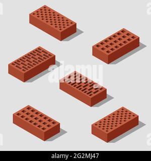 Isometric 3d bricks isolated. Set of bricks, solid blocks for wall construction. Vector illustration. Stock Vector