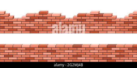 Brick walls 3d view, set of seamless pattern for background. Red brick stacked. Broken or demolited building wall isolated. Vector illustration. Stock Vector