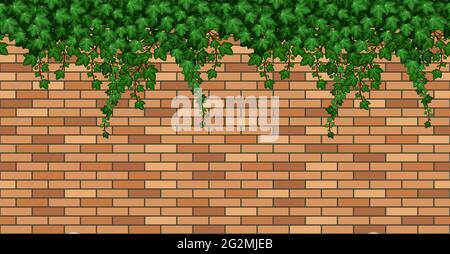 Birck wall with ivy leaves. Summer green ivy foliage on  bricks, building wall or fence. Seamless repeat pattern, cartoon background. Vector illustrat Stock Vector