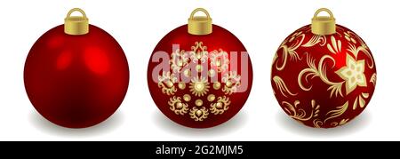 Set of Christmas balls isolated on white. Toys for New Year or Christmas tree design  ornate with pattern, red and golden. Vector illustration Stock Vector