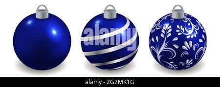 Set of Christmas balls isolated on white. Toys for New Year or Christmas tree design  ornate with pattern, blue and silver. Vector illustration Stock Vector