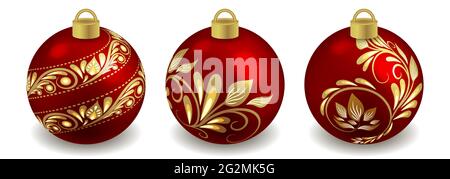 Set of Christmas balls isolated objects on white background, red with golden ornament. Toys for New Year or Christmas tree design  ornate with pattern Stock Vector