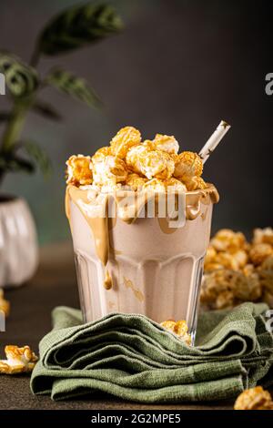 Popcorn milkshake with sea salt caramel Stock Photo