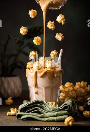 Popcorn milkshake with sea salt caramel Stock Photo