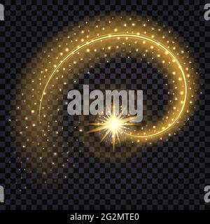 Golden wave with light glowing effect. Shiny star with swirl trail and glitter, isolated design element  on transparent background. Vector illustratio Stock Vector
