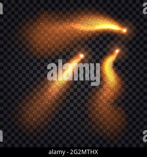 Fire Trails with Light Glowing effect and sparkles glitter. Set of isolated objects on transparent background. Vector illustration Stock Vector
