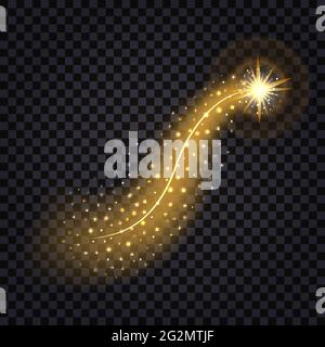 Golden wave with light glowing effect. Shiny star with swirl trail and glitter, isolated design element  on transparent background. Vector illustratio Stock Vector