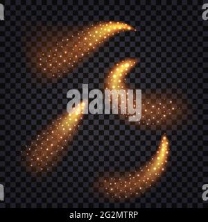 Fire trails, set of swirls with glowing light effect isolated on t5ransparent background siwth shiny sparkles. Comest or meteors in motion. Vector ill Stock Vector