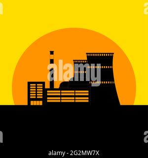 Nuclear power plant icon on the background of the setting sun. Vector flat illustration Stock Vector