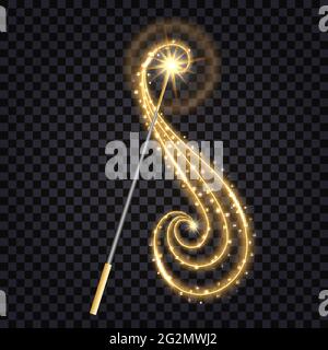 Magic wand isolated with glowing sparkles, golden star dust glitter and  light effect on transparent background. Vector illustration Stock Vector