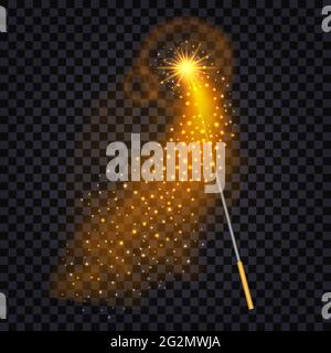 Magic wand with fire trail light effect. Glowing glitter star dust, shiny particles. Isolated object for magic fantasy. Vector illustration Stock Vector