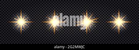 Set of shining light flash. Gold glowing, glitter sparkles, stars. Isolated on transparent background. Vector illustration Stock Vector