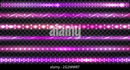 Purple LED strips and garlands with neon glowing effect and glitter light. Luminous shiny border string  tapes, isolated on transparent background. Ve Stock Vector