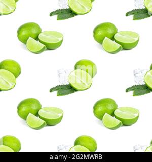 Green limes and lime slices repeat seamless pattern on white background. Stock Photo