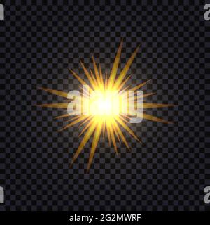 Golden glowing light flash effect isolated. Sun shining flare with glittering sparkles and dust particles. Vector illustration Stock Vector