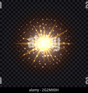 Golden glowing light flash effect isolated. Sun shining flare with glittering sparkles and dust particles. Vector illustration Stock Vector