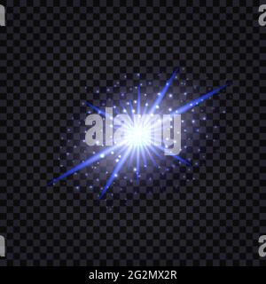 Blue glowing magic star with light flash effect and shiny sparkles. Isolated on transparent background. Vector illustration Stock Vector