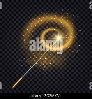 Magic wand with gold glowing sparkle trail, shiny star dust and light effect. Isolated object on dark transparent background. Vector illustration Stock Vector