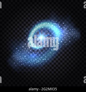 Blue magic light swirl. Abstract glowing spiral wave with light effect and stardust shiny sparkles on transparent background. Vector illustration Stock Vector