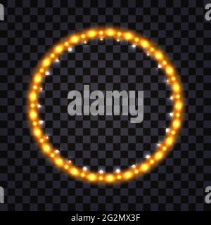LED light frame with neon gold glow effect.  Luminous border circle , illumination garland. Isolated on dark transparent background. Vector illustrati Stock Vector