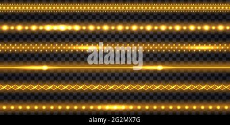 Golden LED strips and garlands with neon glowing effect and glitter light. Luminous shiny gold border tapes, isolated on transparent background. Vecto Stock Vector