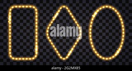 LED light golden frames with neon glow and glitter sparkles. Set of borders with gold shine and  luminous effect. Vector illustration Stock Vector