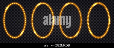 Golden LED light frames with neon glow light. Luminous gold borders, oval shape shiny garlands, realistic flare  illumination effect.  Isolated on dar Stock Vector