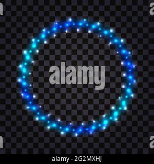 LED light round frame with blue neon glowing. Shiny luminous border with flare and diode lamp  effect. Decorative circle on dark transparent backgroun Stock Vector