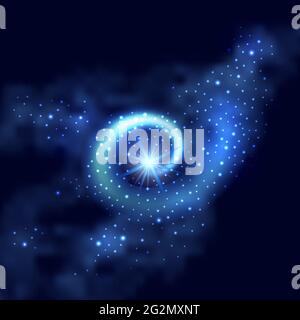 Blue glowing  magic swirl with  light effect and stardust glitter . Abstract night galaxy background with sparkle  shiny spiral nebula. Vector illustr Stock Vector