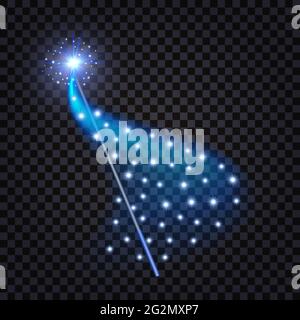 Magic Wand with mysterious blue light glowing swirl and shiny stars. Isolated element for game asset or cartoon design. Vector illustration Stock Vector