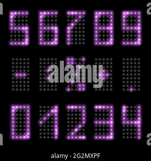 LED light digits with purple neon glowing. Set of luminous numbers with realistic fluorescent shine effect for digital clock or timer design. Isolated Stock Vector