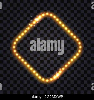 Golden LED light frame with neon glowing effect. Shiny gold border with illuminated  glitter. Isolated on transparent background. Vector illustration Stock Vector