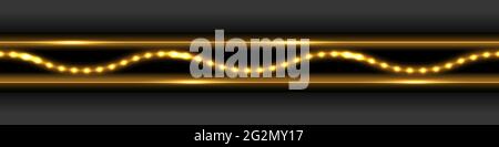Golden glowing border with neon light effect. Shiny lines and LED wave with glare and shimmer. Gold trace on dark background, design element for decor Stock Vector