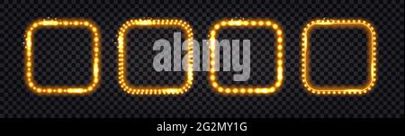 Golden LED light frames isolated with neon glow light. Luminous gold square borders, shiny garlands; realistic flare; illumination effect. Dark transp Stock Vector